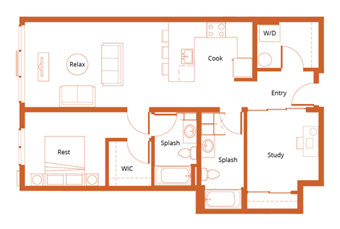 Floor plan for 1 bed, 2 baths, 962 sqft